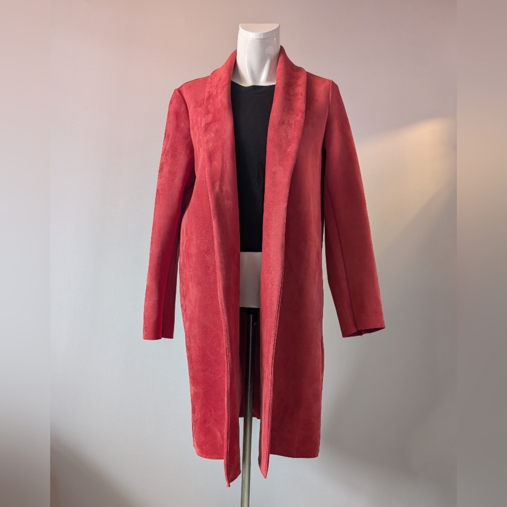 T Tahari Elegant Red Maroon Women's Long Over Coat Faux Suede Size Small